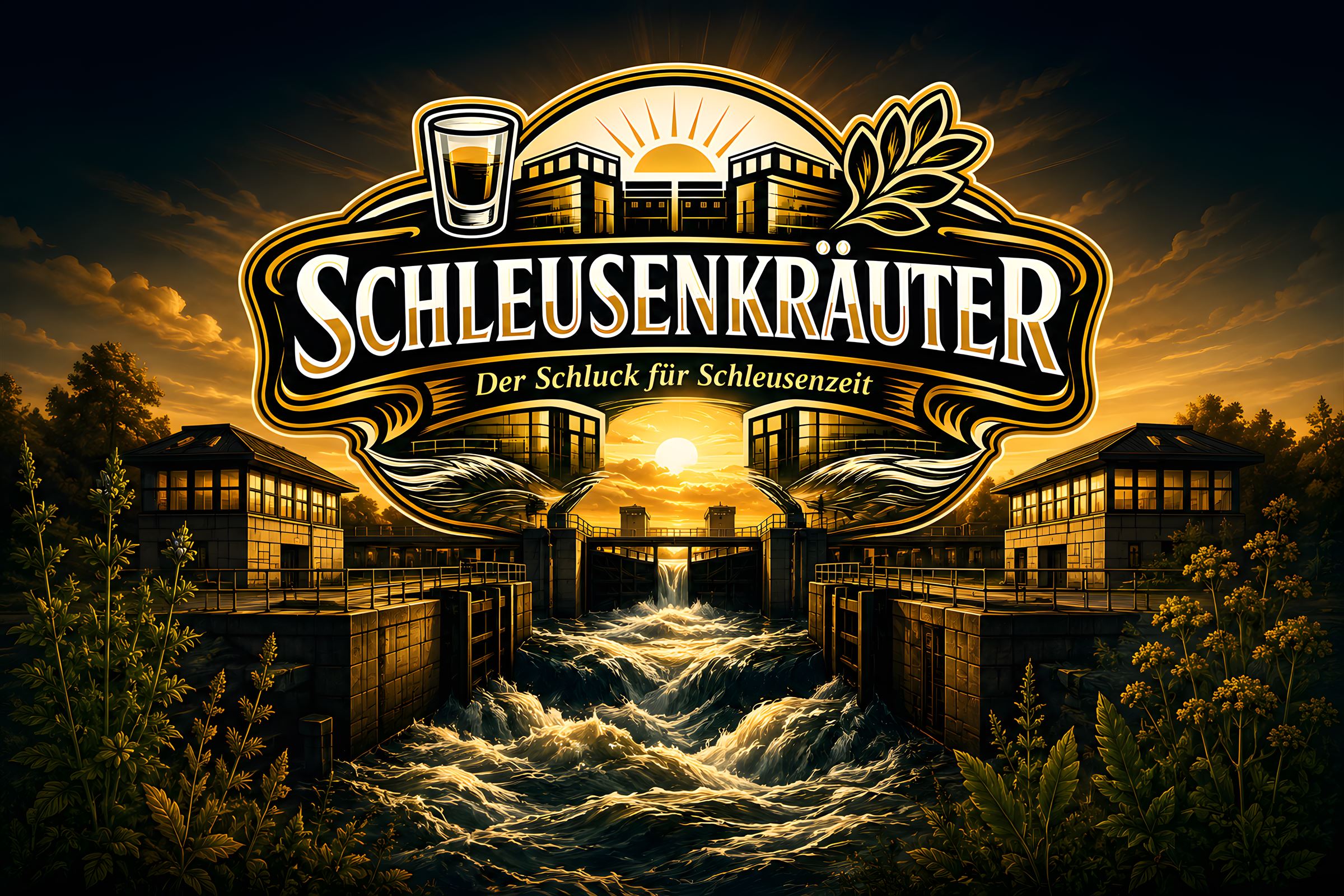Schleusenkräuter Logo vor einem Schleusentor im Sonnenuntergang