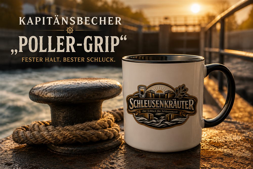 Schleusenkräuter Kapitänsbecher „Poller-Grip“ auf einem Poller am Schleusenrand