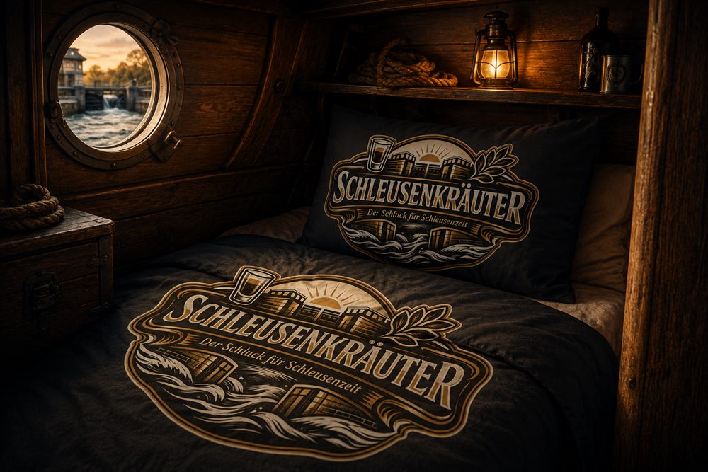 Schleusenkräuter Kajütenbettwäsche mit Logo-Print in einer Bootskabine