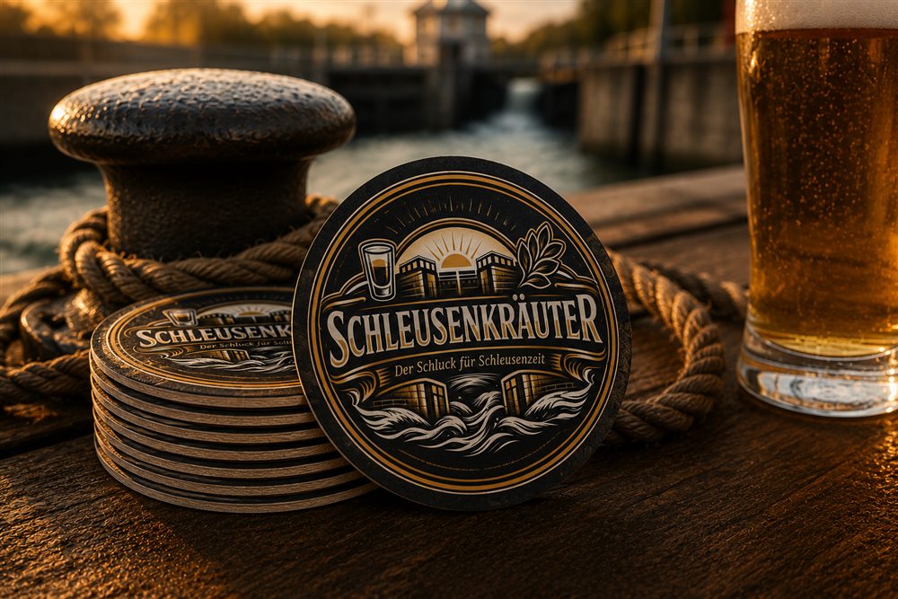 Schleusenkräuter Bierdeckel-Set neben einem Bier am Schleusenrand