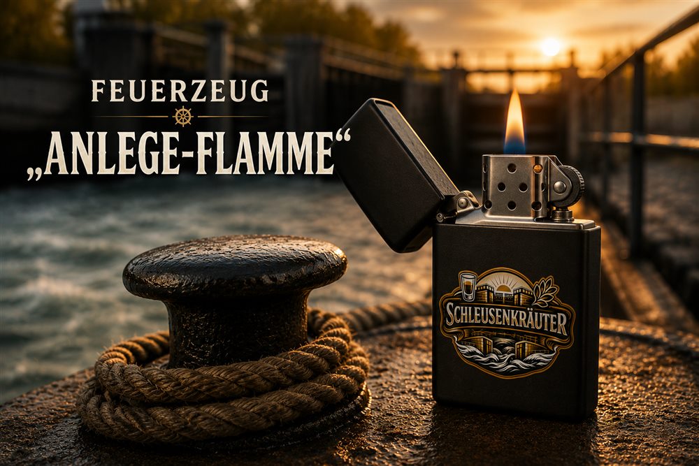 Schleusenkräuter Feuerzeug „Anlege-Flamme“ auf einem Poller am Schleusenrand